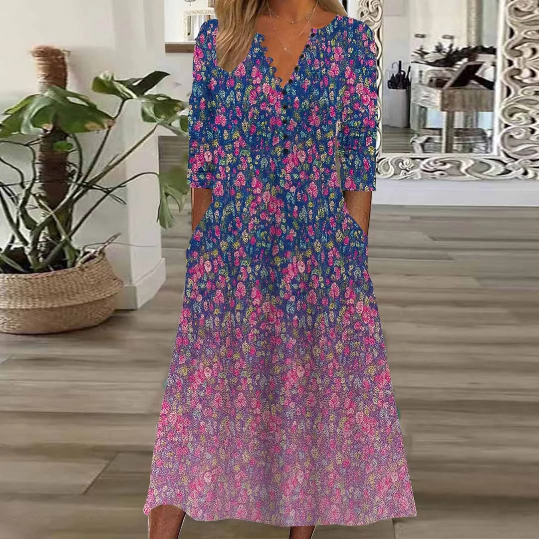 Women Floral,Gradient,Blue DZHB8272 Long Sleeve V-Neck Graphic Printed Midi Dress