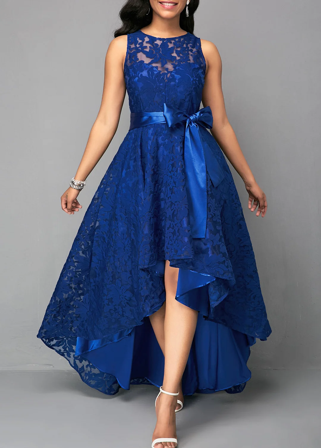 High Waist Belted Lace Panel Maxi Dress