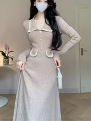 Cardcake gold prom dresses 2025 New Autumn Chic Knitted Dresses for Women Solid Slim Elegant High Waist A Line Korean Sweater Dress Winter Female Knitwear