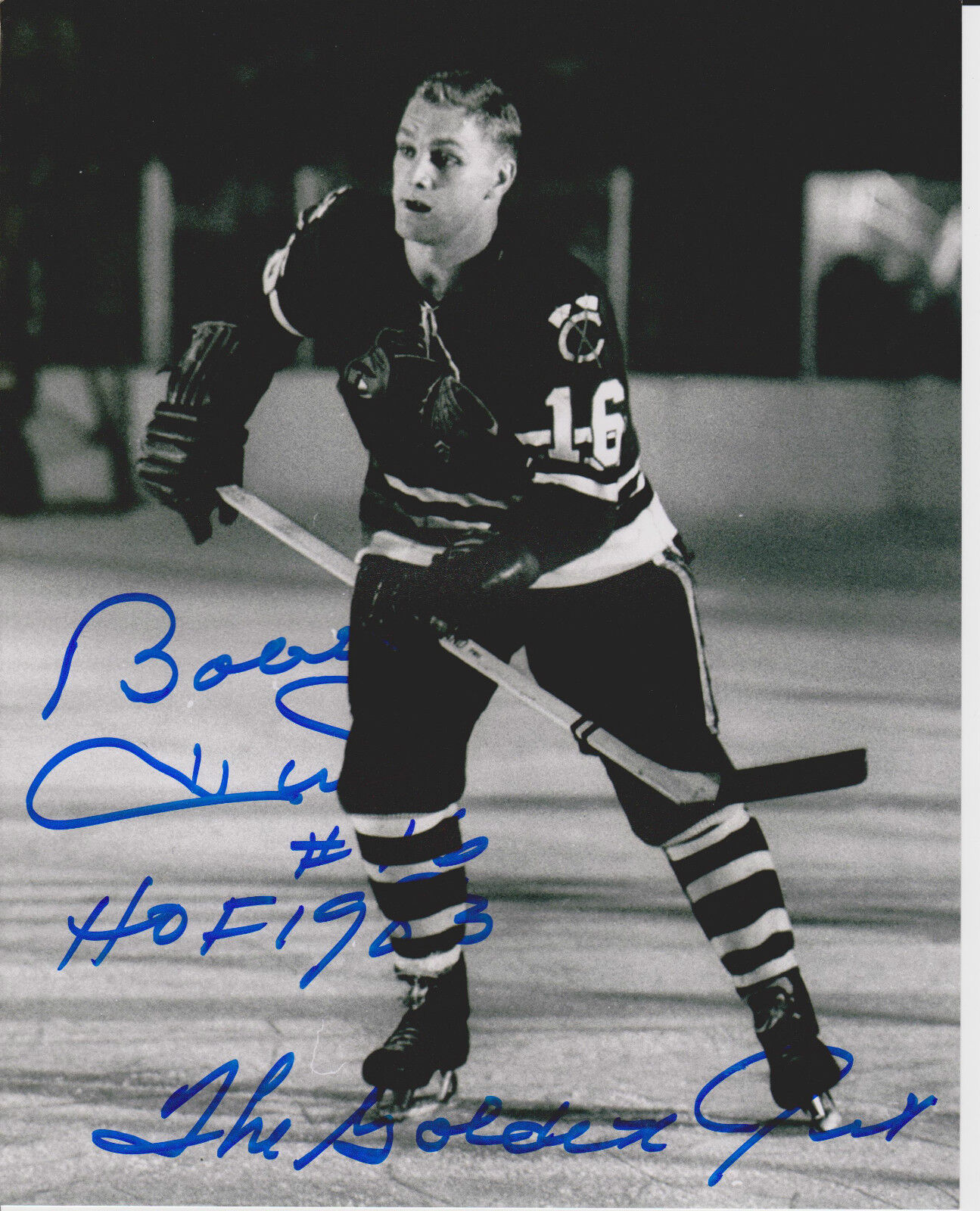 BOBBY HULL signed CHICAGO BLACKHAWKS 8x10 Photo Poster painting *HOF,THE GOLDEN JET* w/COA