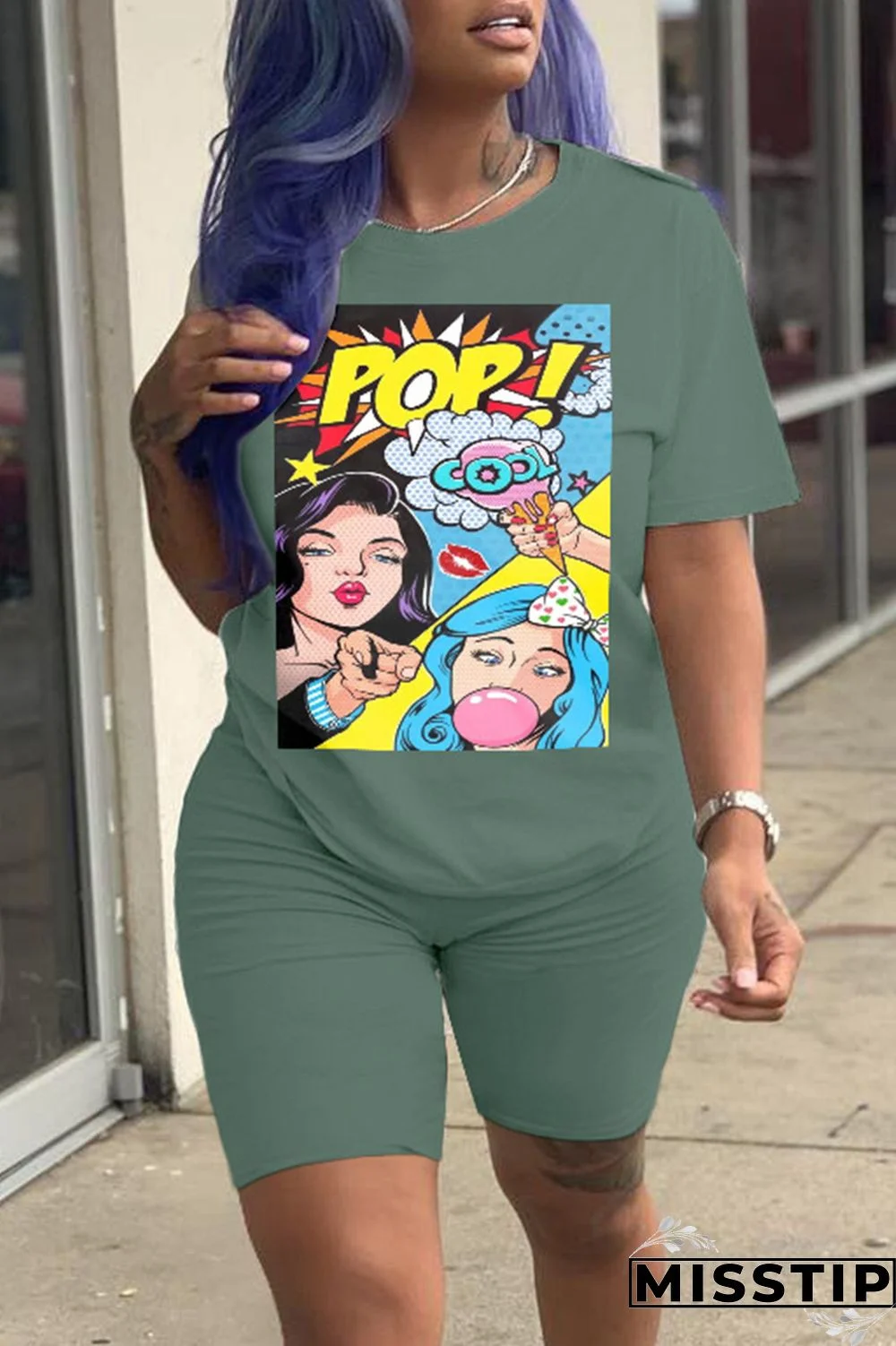 Fluorescent Green Fashion Casual Print Basic O Neck Short Sleeve Two Pieces