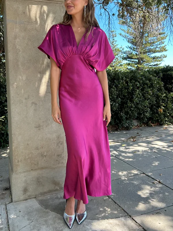 V-Neck Solid Color Midi Dress