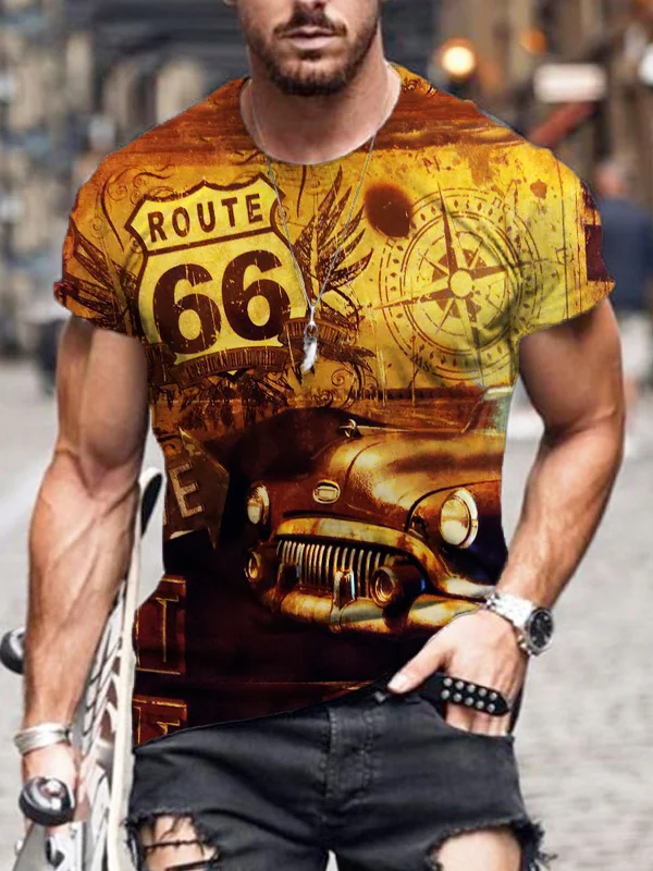 BrosWear Men's Route 66 Vintage Car Graphic Casual T Shirt