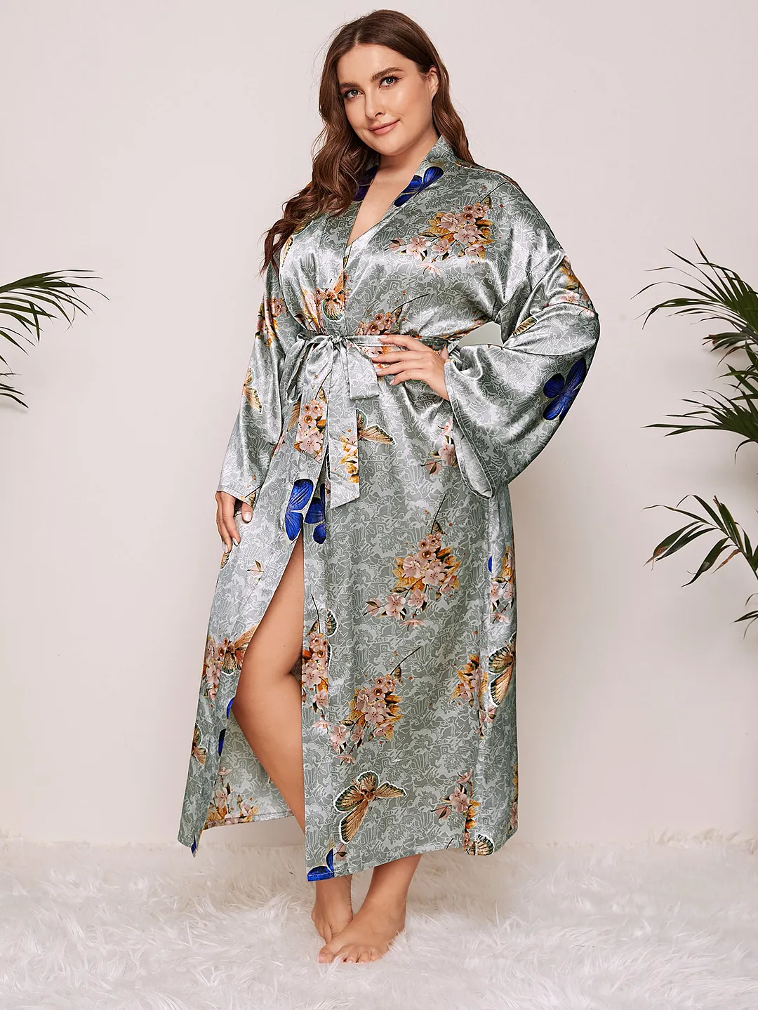 Sdrawing Sdrawing Lady Nightglove Color Lacette Simulation Silk Printing Fat Home Clothes Long-Sleeved Bathrobe Woman