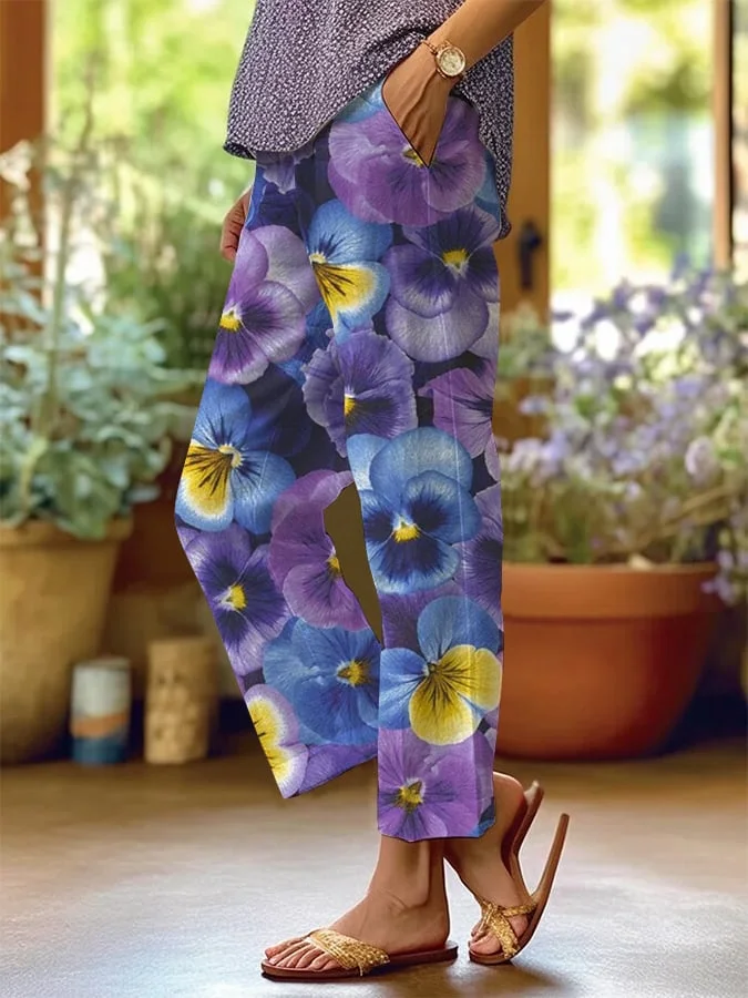 Women's Pansy Floral Loose Casual Pants (With Pockets)