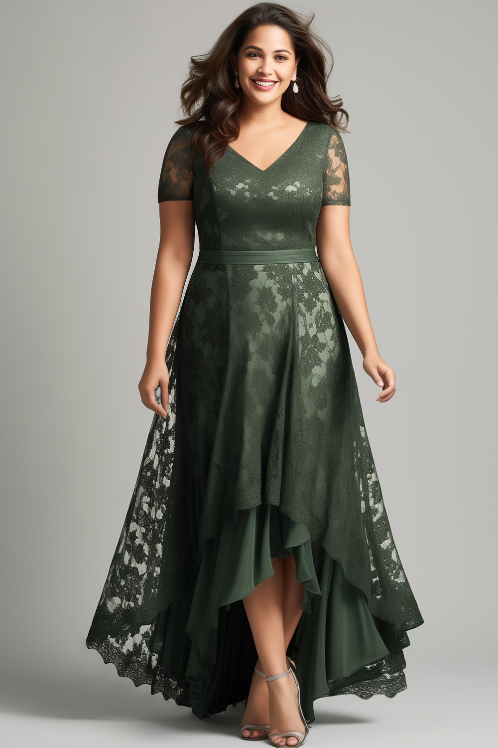 Flycurvy Plus Size Mother Of The Bride Dark Green Lace Layered Short Sleeve High Low Hem Maxi Dress 2024 - Flycurvy 
