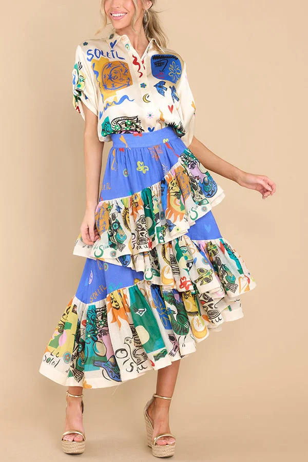 Sandy Sunshine Unique Print Irregular Ruffles Tiered Back Elastic Midi Skirt