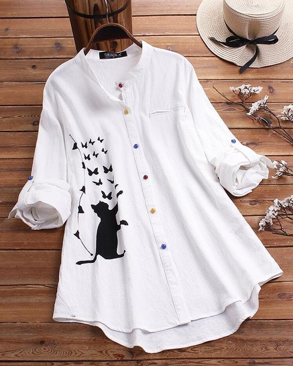 Cat Print Long Sleeve Blouse Colorful Button Shirt - Chicaggo