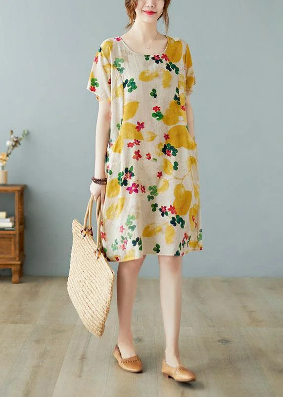 Simple Yellow O Neck Print Dress Cotton Linen Summer