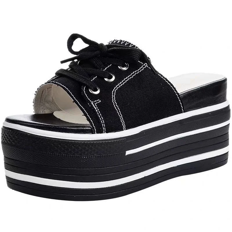 Fujin 9.5cm Super High Platform Flats Wedge Genuine Leather Women Summer Shoes Lace Up Open Toe Slides Slippers Mules Sandals