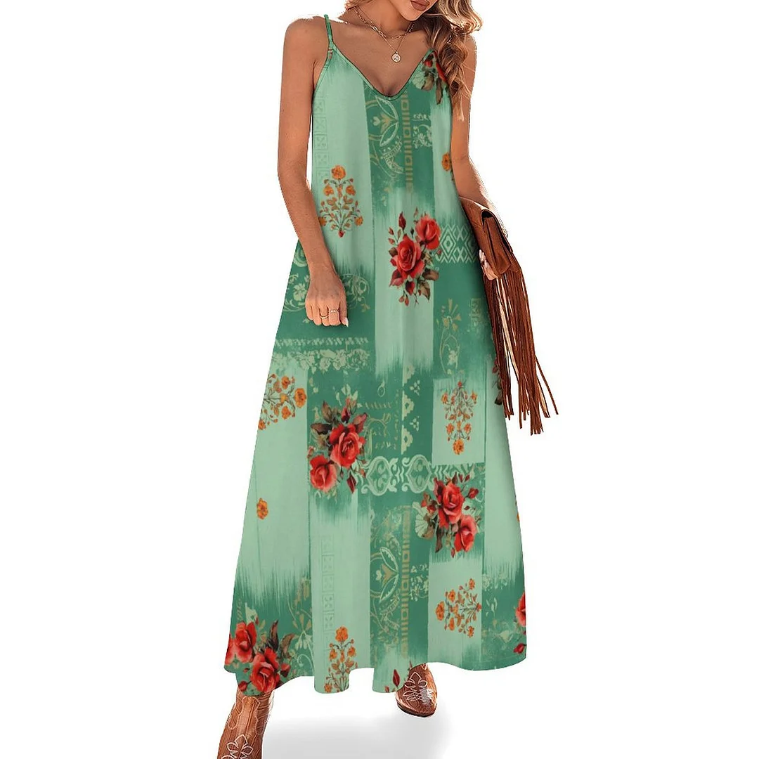 Style & Comfort for Mature Women Plus Size Printed Sling Casual Women Maxi Dress in Pattern Green, Red, Vintage, Plaid