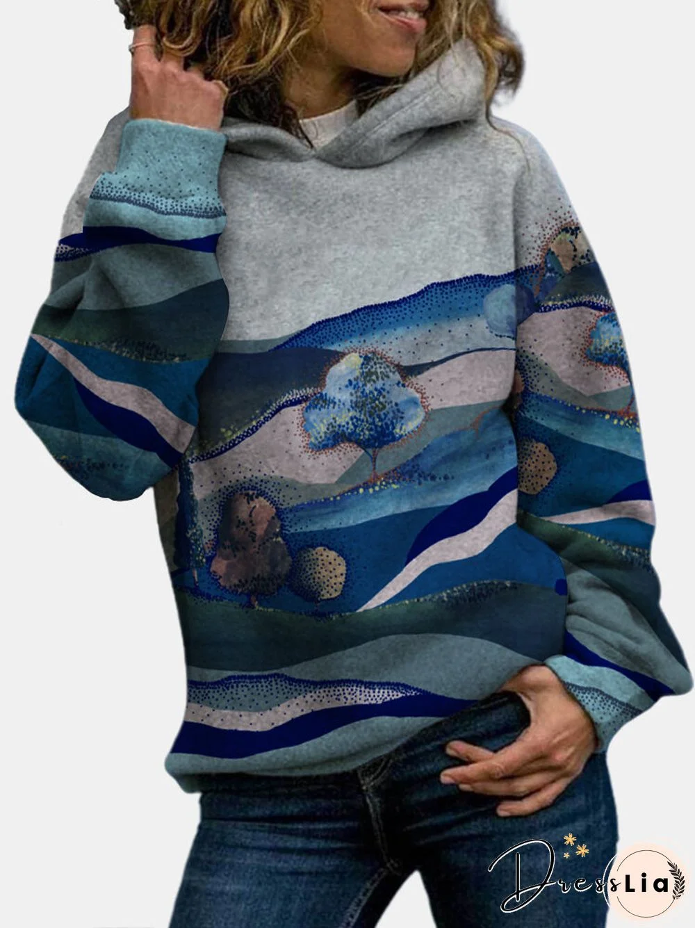 Landscape Printed Long Sleeve Casual Hoodie For Women