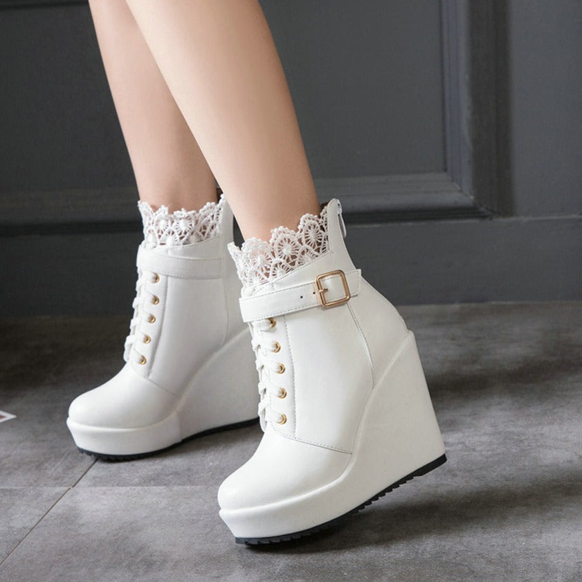 Floral lace stitching trim wedge heel ankle boots for women Lace-up wedge combat booties