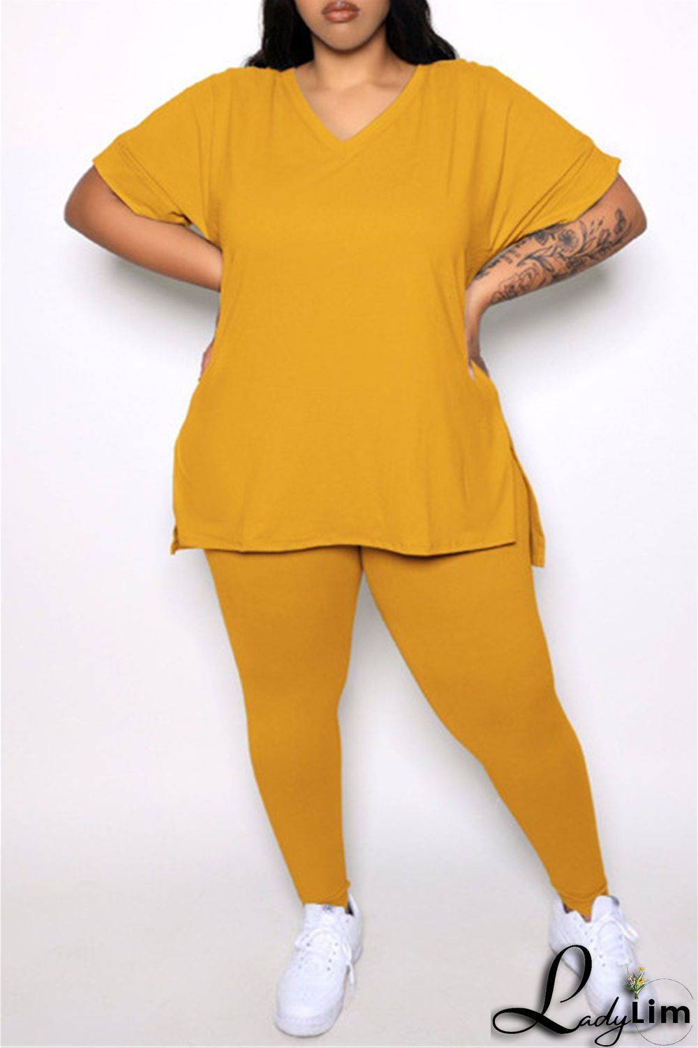 Tibetan Blue Fashion Casual Solid Slit V Neck Plus Size Two Pieces