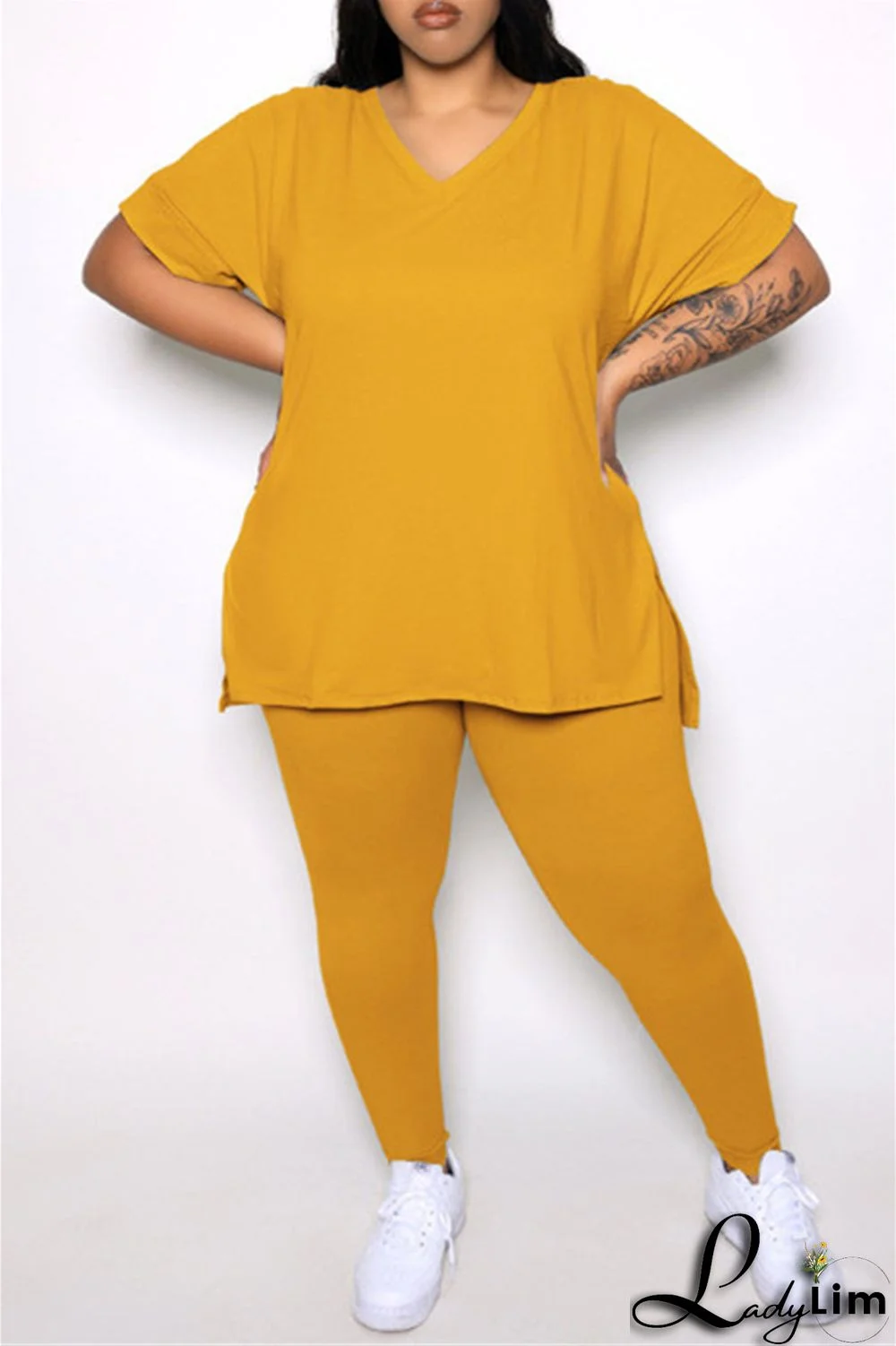 Tibetan Blue Fashion Casual Solid Slit V Neck Plus Size Two Pieces