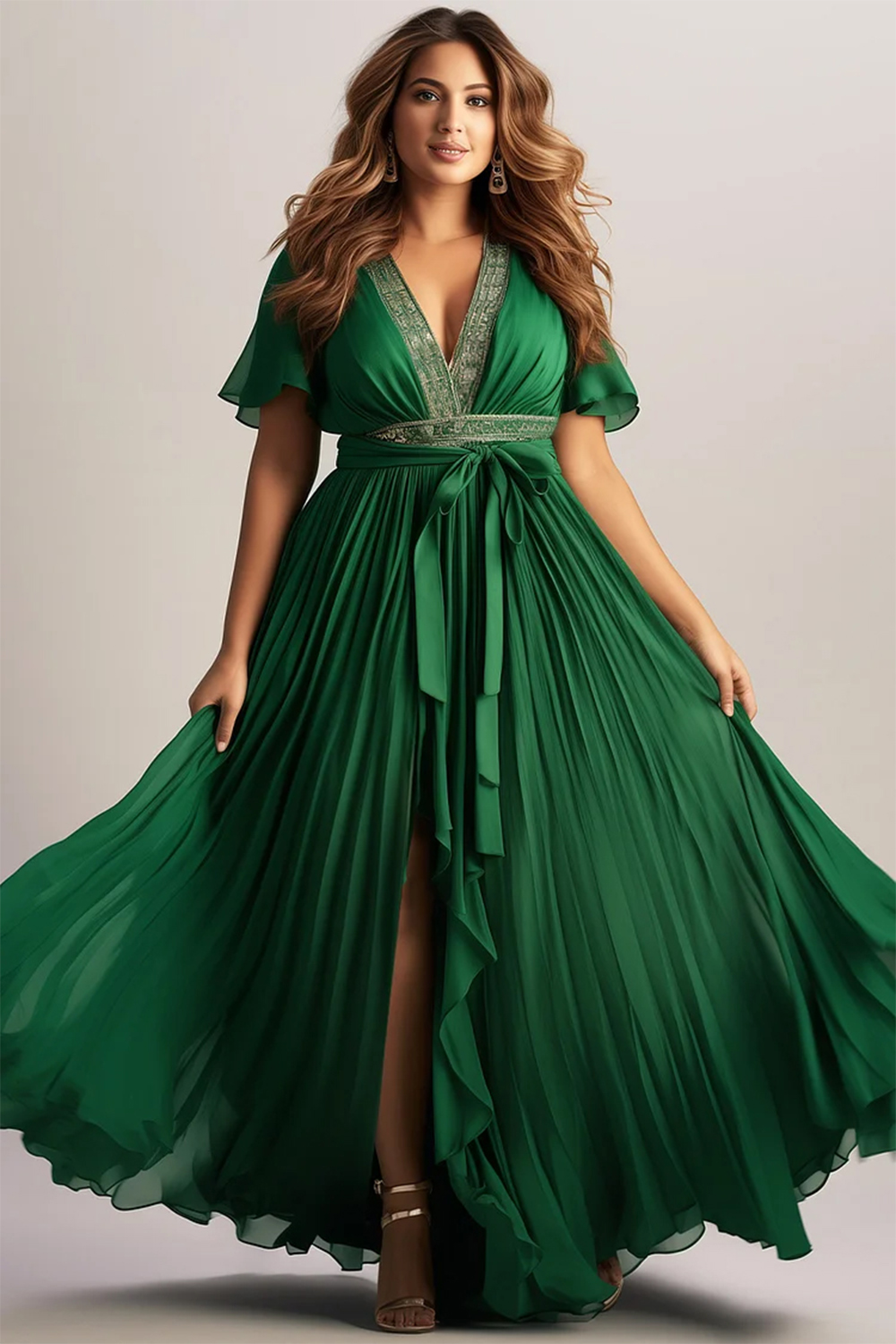 Flycurvy Plus Size Wedding Guest Emerald Green Chiffon Split Flutter Sleeve Pleated Maxi Dress 2024 - Flycurvy 