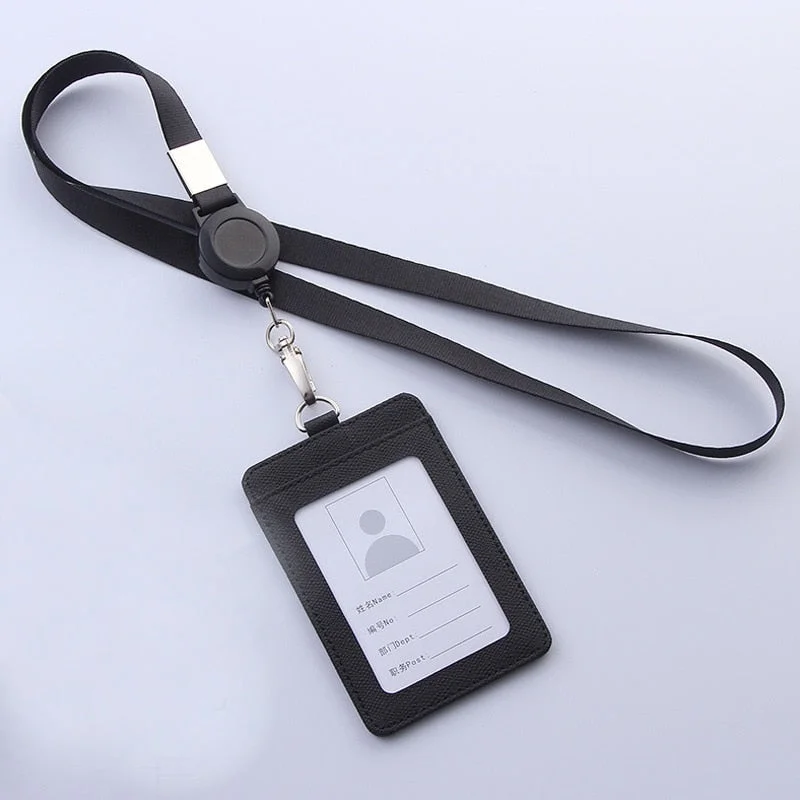 Retractable Lanyards ID Badge Holder Leather Bank Bus Pass Card Case Cover Men Women's Bank Credit Card Holder Strap Cardholder