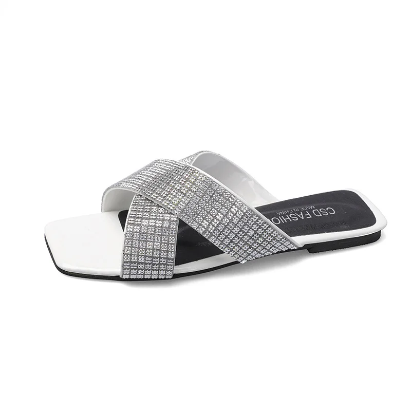 Tanguoant Tanguoant Belt Water Diamond Flat Slippers Female Foot Pedal Fashion Beach Sandals Women's Shoes White