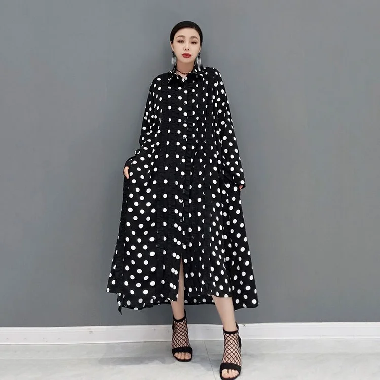 Fashion Dot Print Splicing Contrast Color Fungus Shirt Dress