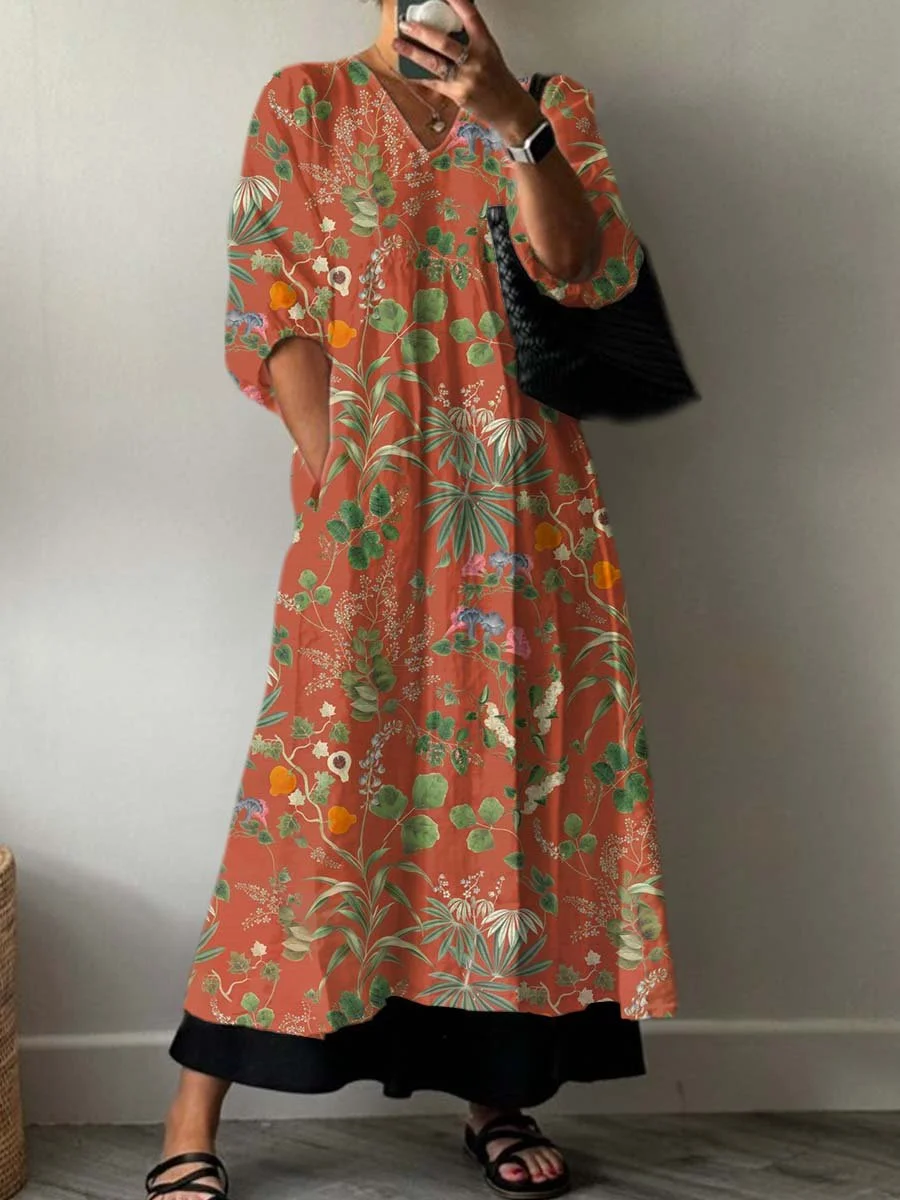 Women's  Boho Vintage Floral Print Pocket V-neck Cotton Dress