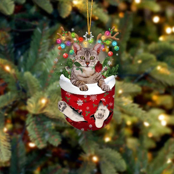 Egyptian Mau Cat In Snow Pocket Christmas Ornament.