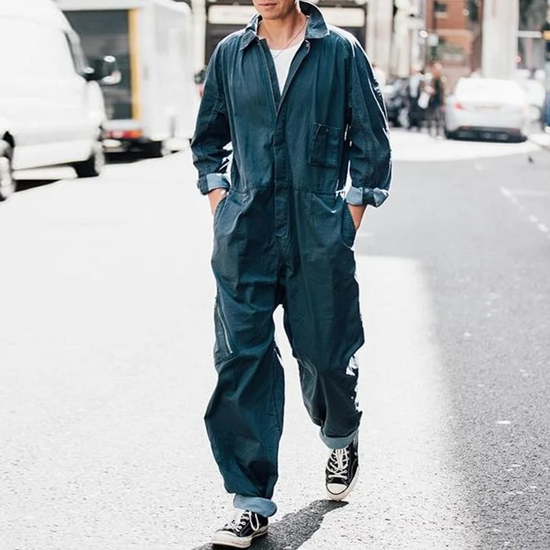 Vintage Washed Cotton Zipper Jumpsuit