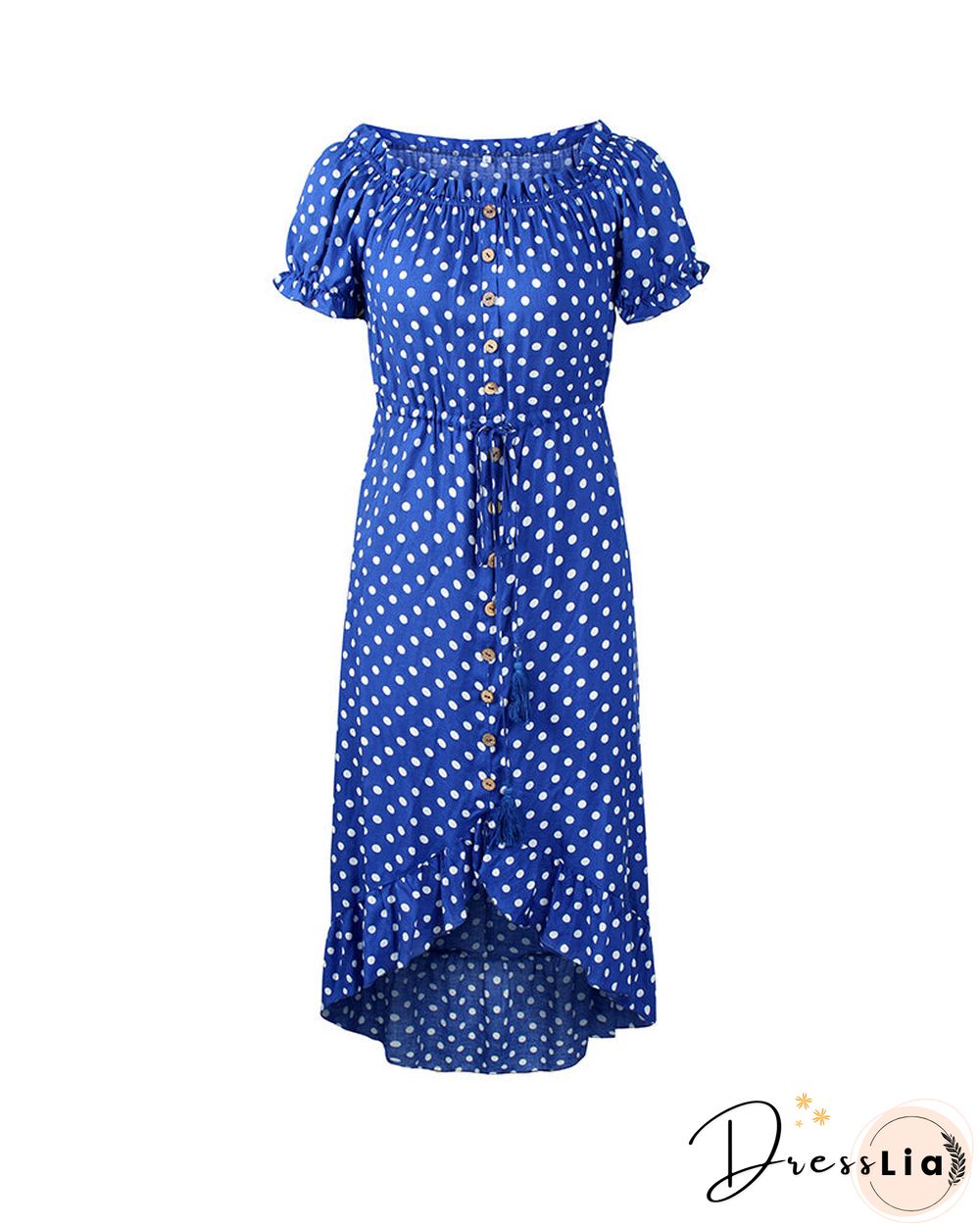 Off Shoulder Polka Dot Button Down Maxi Dress