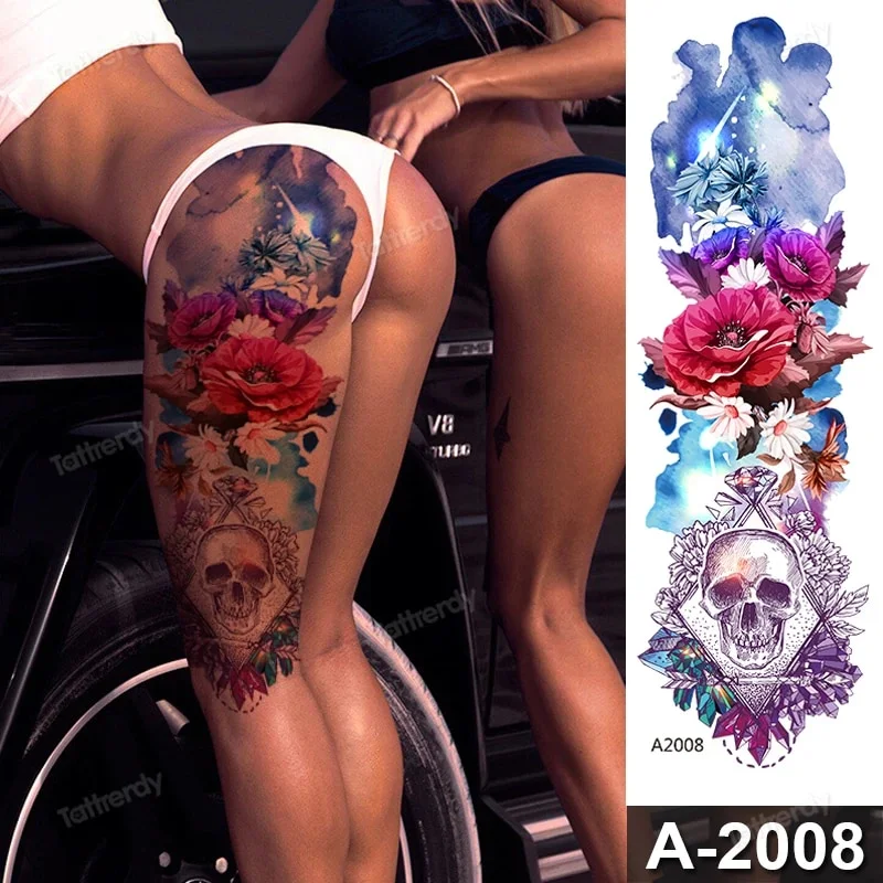 Sdrawing Size Leg Thigh Temporary Tattoo Stickers Full Arm Sleeve Wolf Carp Fox Peony Flower Fake Tattoo Sleeves Sexy Body Painting