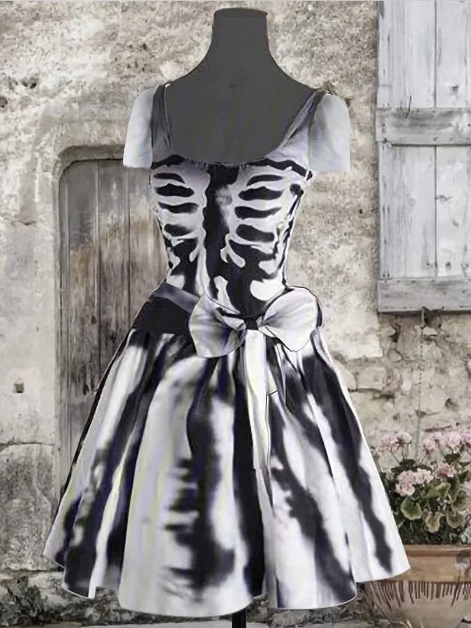 Goth Skull Print Short Sleeve Gown(Skirt without skirt support) socialshop