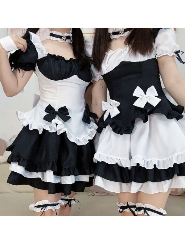 Lolita Square Neck Tiered Bubble Sleeve Paneled Bowknot Mini Maid Dress