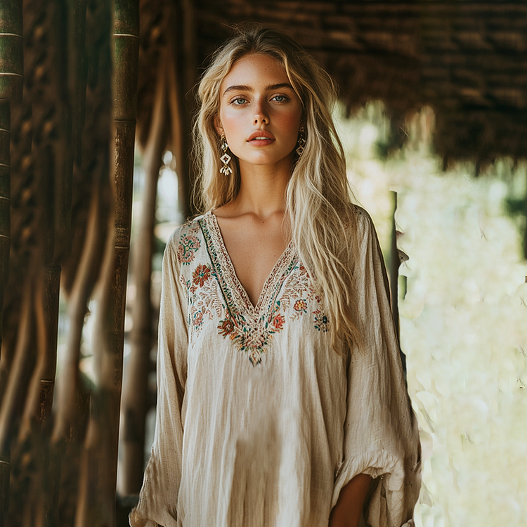 Boho Floral Tribal Embroidery Print Cotton And Linen Blend Loose Blouse