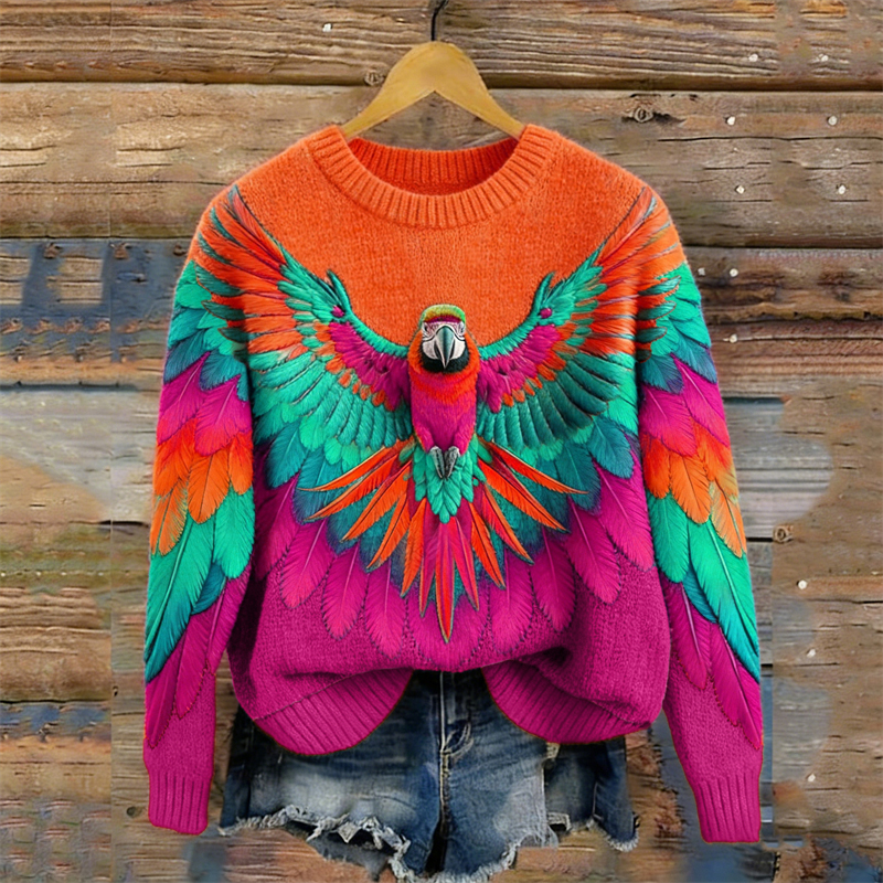 Colorful Macaw Parrot Inspired Contrast Cozy Knit Sweater wearshes