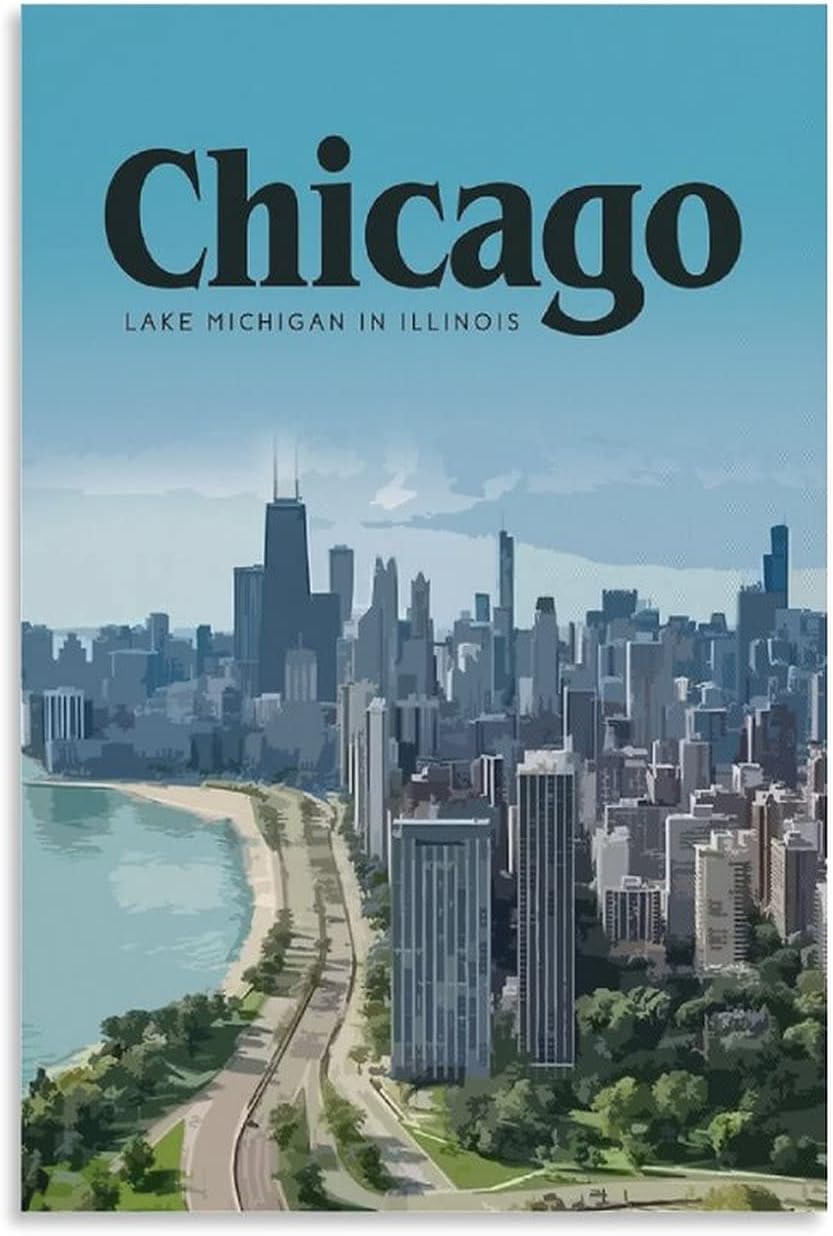 Chicago Illinois Vintage Travel Coastal City Posters Wall Art Canvas Modern Posters Prints Painting Pictures, Wall Decor for Wall Office Home Living Room Bedroom Decoration Gifts 16x24inch(40x60cm)
