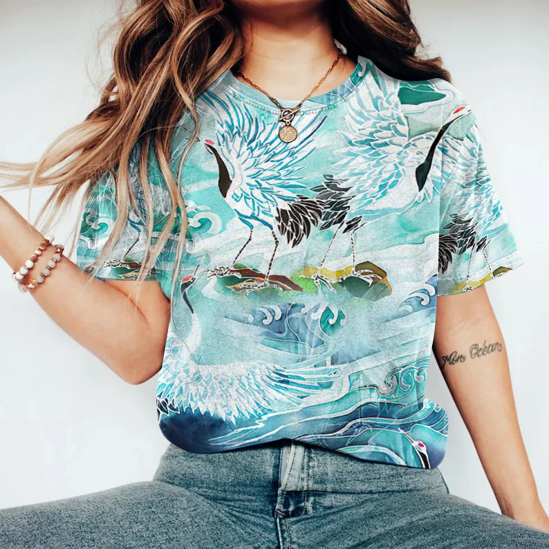 Japanese Crane Art Print Crew Neck Short Sleeved T-Shirt