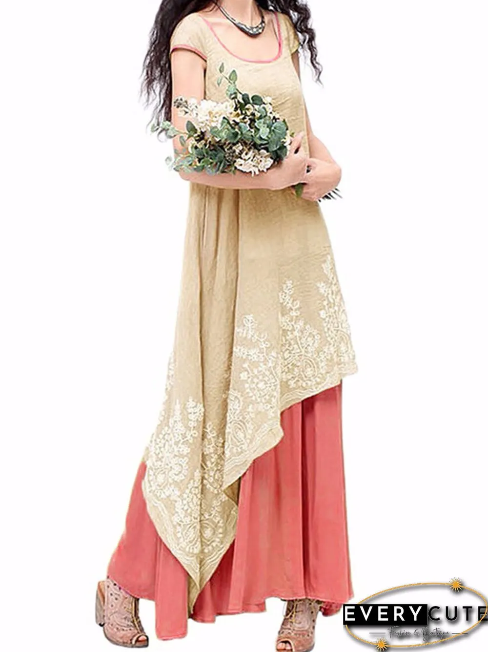 Vintage Floral Embroidered Sleeveless Two Layers Long Maxi Dresses