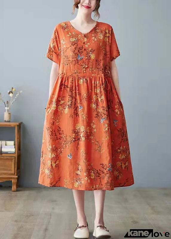 Beautiful Orange Pockets Print O Neck Dress