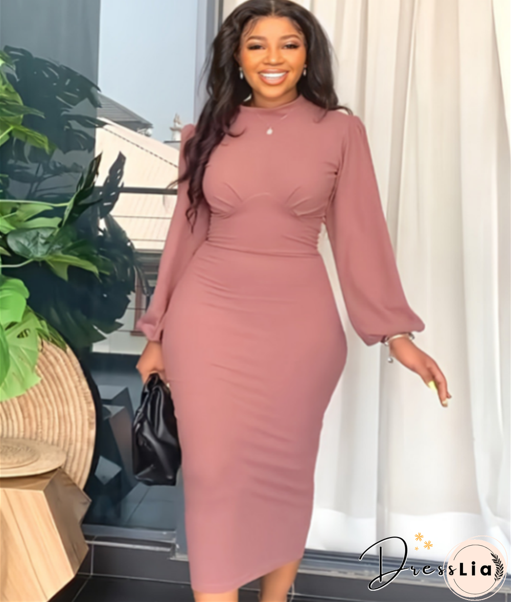 Elegant Solid Lantern Sleeve Maxi Pencil Dress