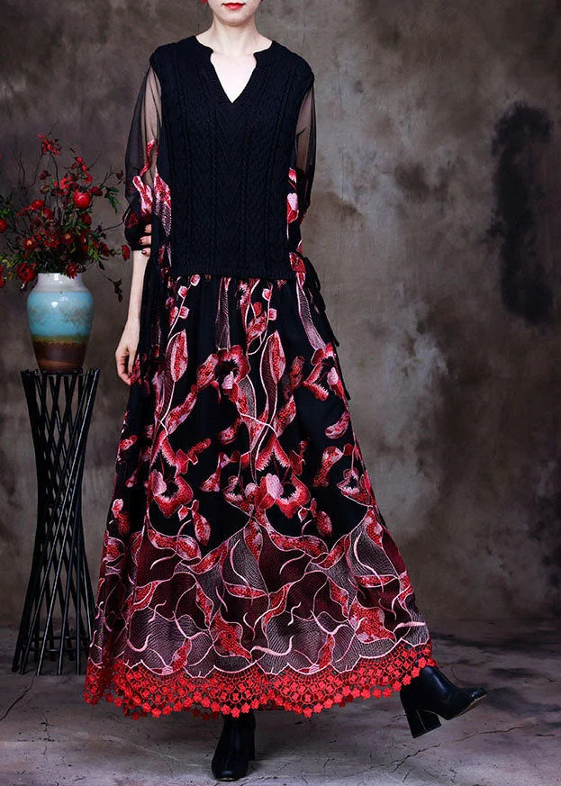 Red lace Knit Dresses Embroideried