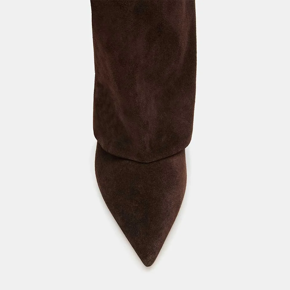 Brown Vegan Suede Pointed Toe Low Kitten Heel Knee High Boots