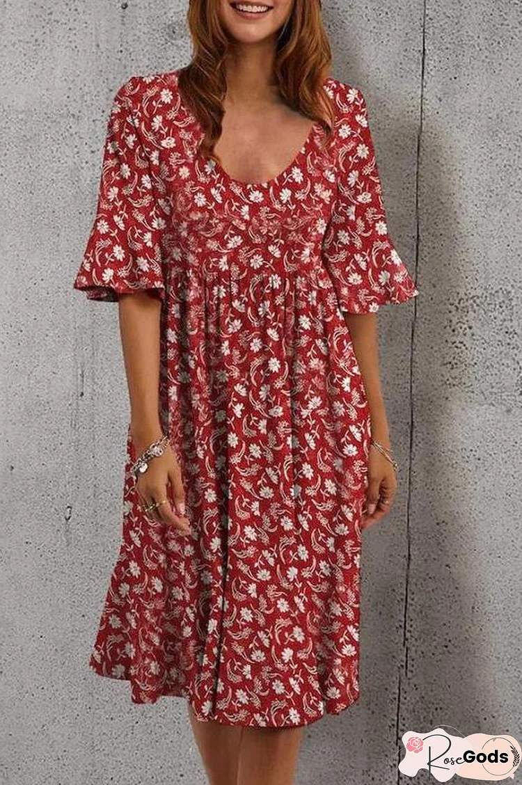 Vintage Floral Print Short Sleeve Midi Dress