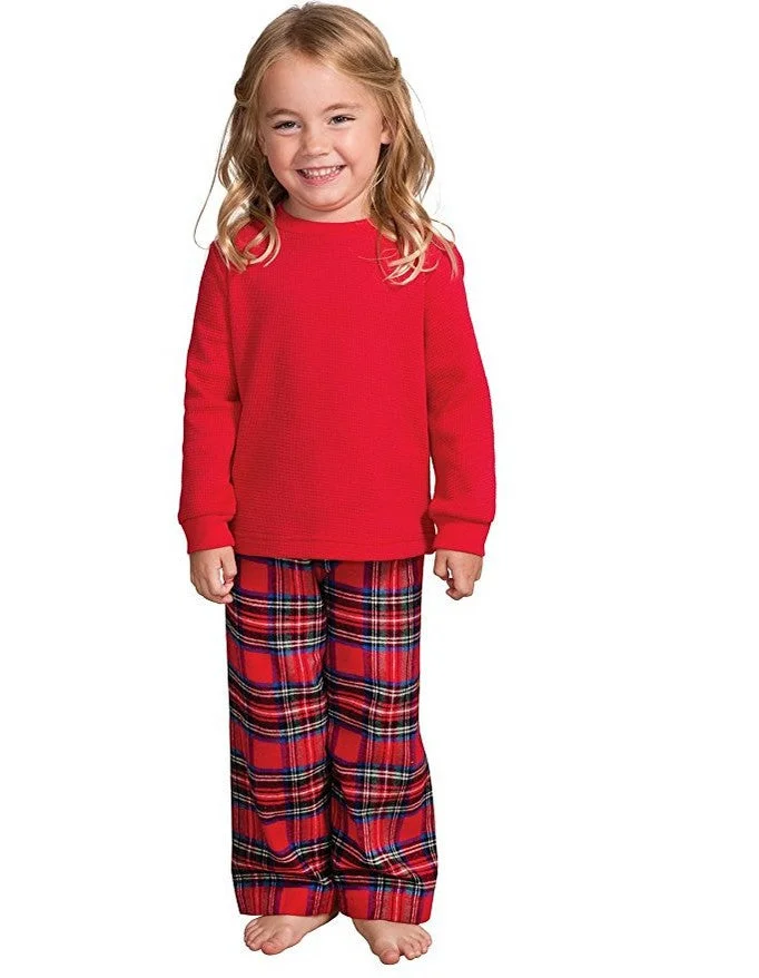 Christmas Long Sleeve Pure Red Top and Long Plaid Pants Family Matching Pajamas