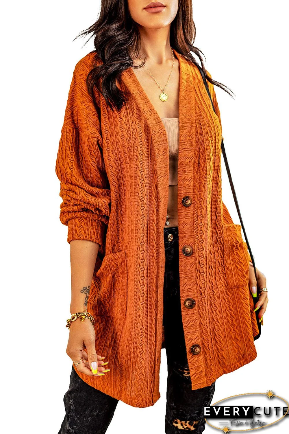 Brown Button Front Pocketed Cable Knit Cardigan