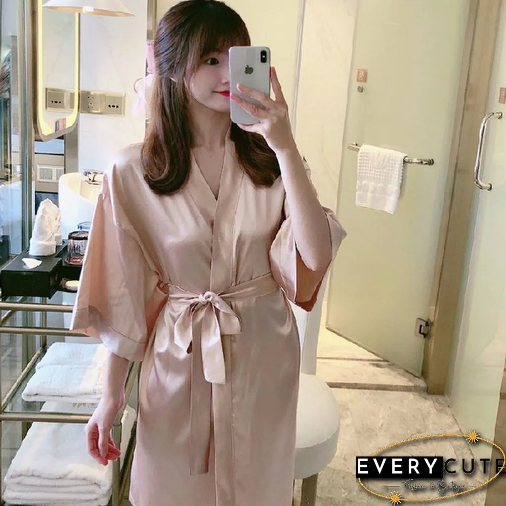 Japanese Robe for Sexy Ladies: Half-Sleeve Ice Silk Mini Night Dress Gown Bathrobe