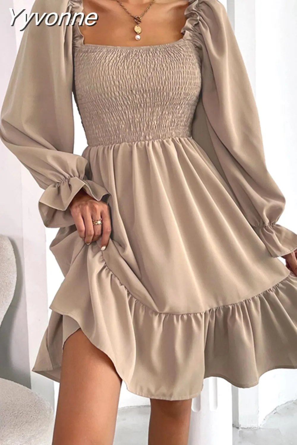 Y Neck Chiffon Dress with Ruffles Sleeves Azalea
