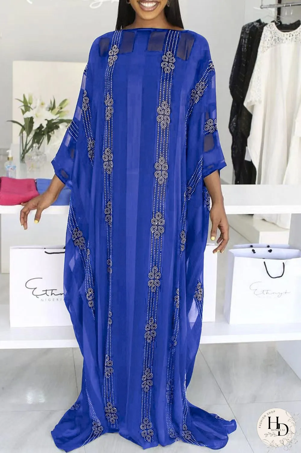 Blue Fashion Casual Solid Hot Drill O Neck Long Dress Plus Size Two Pieces