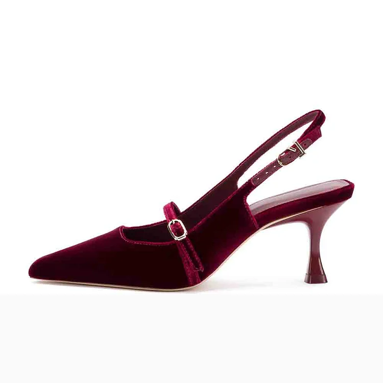 Burgundy Velvet Pointed Toe Kitten Heels Slingback Pumps with Buckle |FSJ Shoes