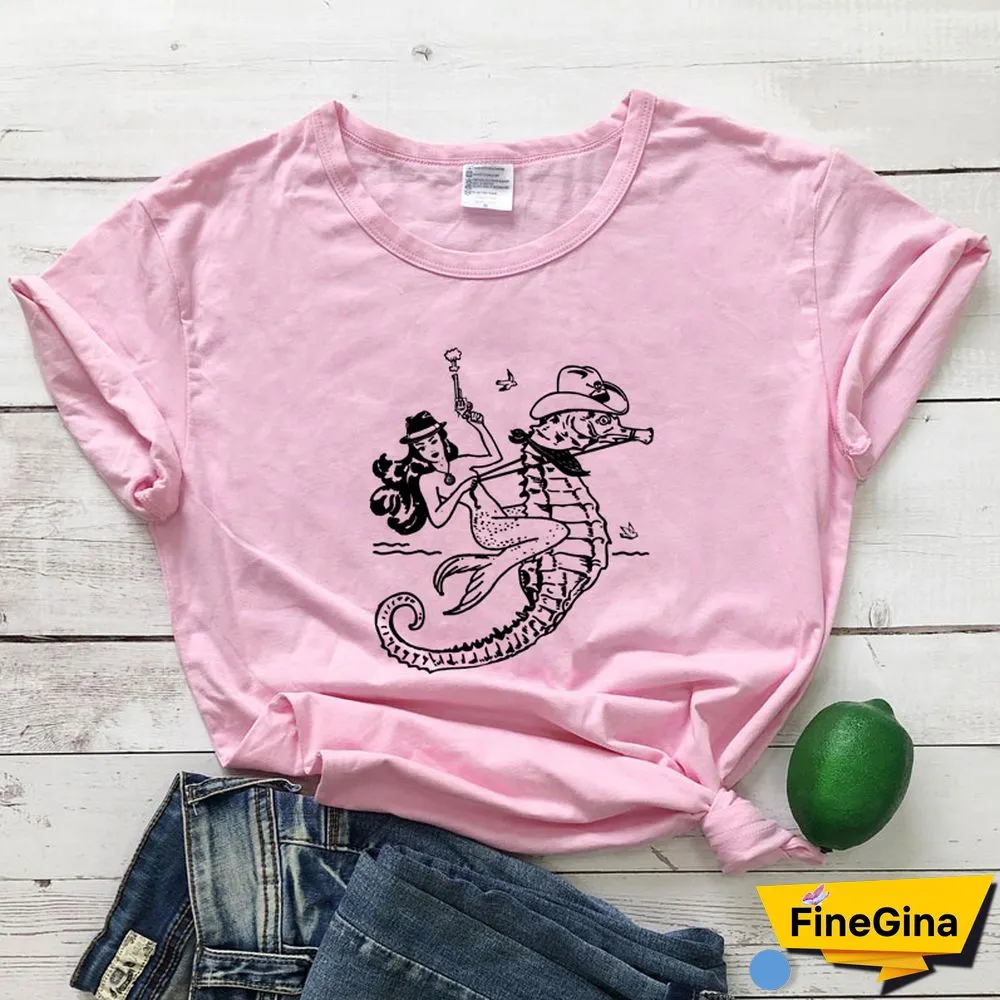 The Cowgirl Mermaid 100% Cotton T-shirt Aesthetic Sea-haw Rodeo Western Tshirt Funny Women Hipster Graphic Tee Shirt Top