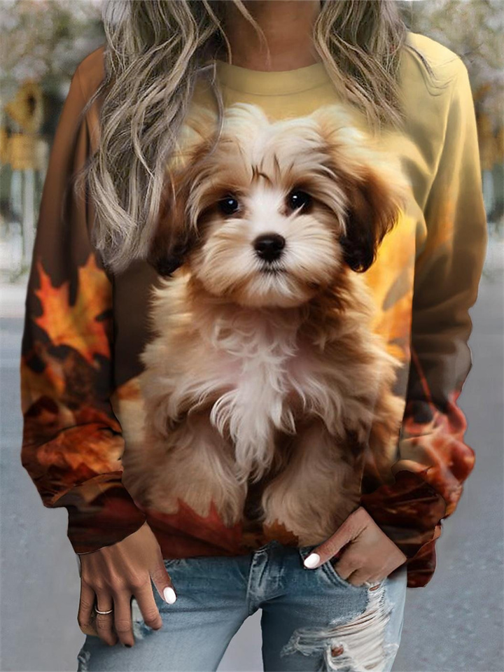 Women's 3D Round Neck Sweater Women's Cute Little Animal Pattern Sweater Women's Cute Puppy Tops