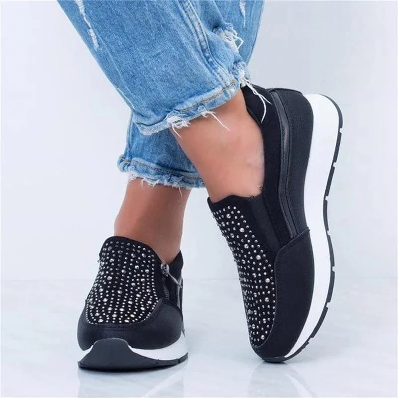 2020 New Women Crystal Sneakers Spring Autumn Casual Zipper Flat Shoes women Non-slip Breathable Outdoor Vulcanized Shoes woman