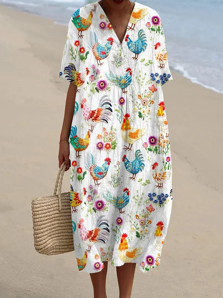 Farm Chicken and Floral Embroidery V-Neck Loose Midi Dress
